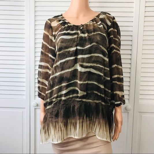 CHICO’S Brown Striped Sheer 3/4 Sleeve Blouse Size XL