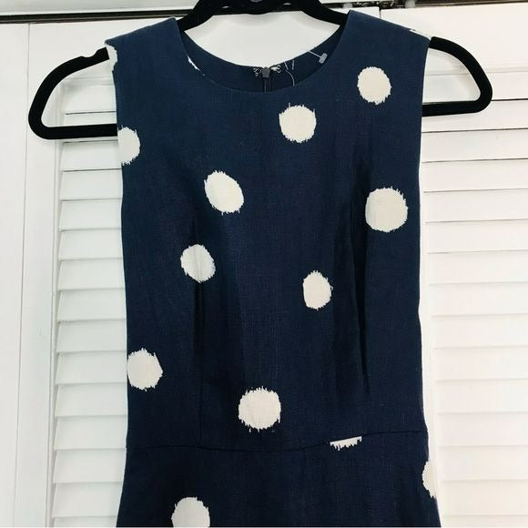 SOODEE Navy Linen Polka Dots Waist Wrap Around Dress Size M