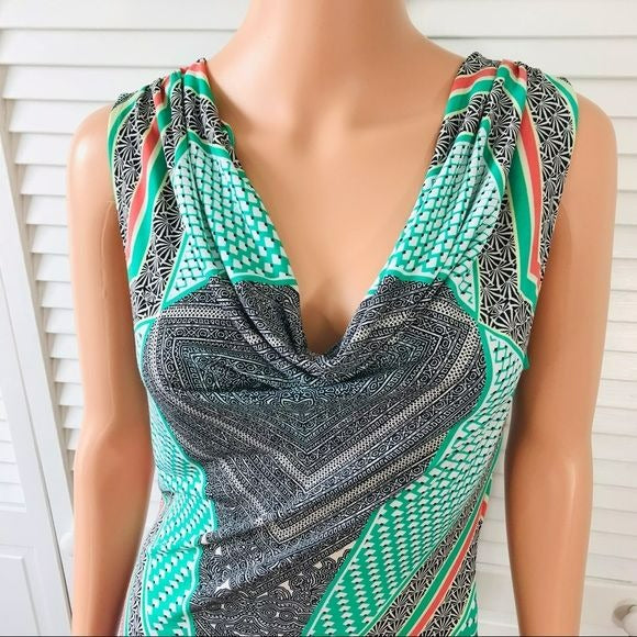 CALVIN KLEIN Green Multicolor Geometric Sleeveless Shirt Size XS