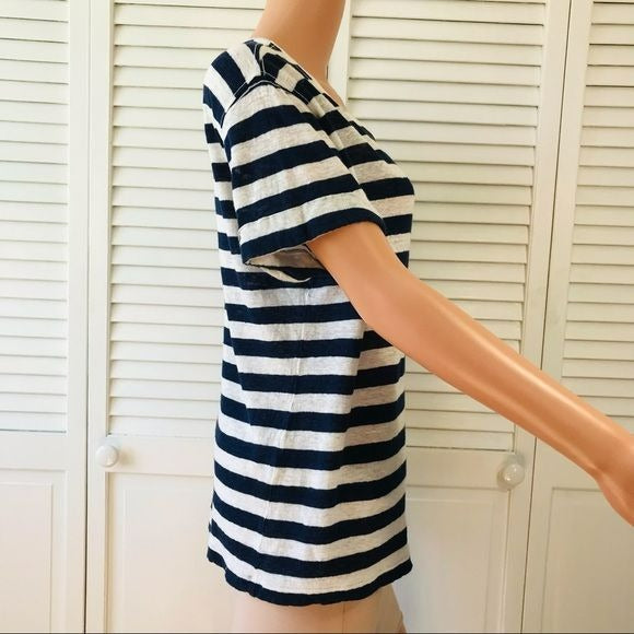 THEORY Striped Linen Short Sleeve Shirt Size M