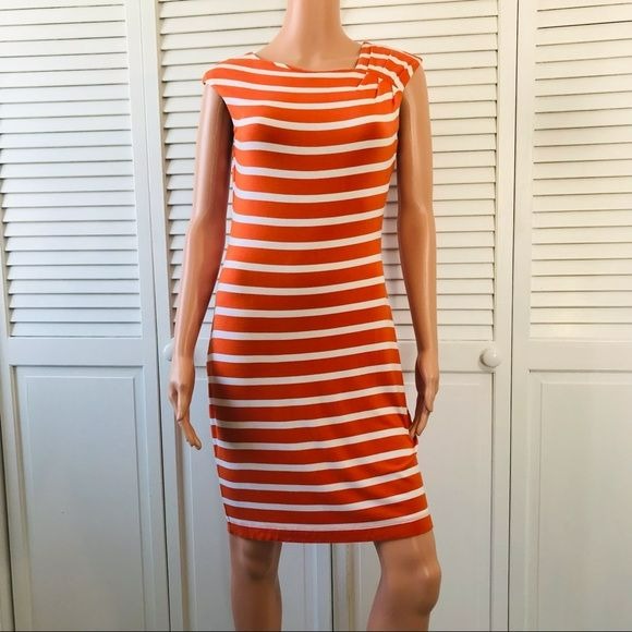 CALVIN KLEIN Orange White Striped Sleeveless Dress