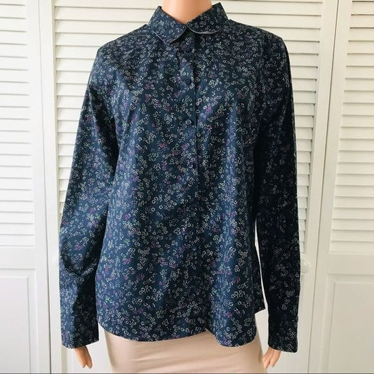 ORVIS Navy Blue Cotton Floral Button Down Shirt Size 14