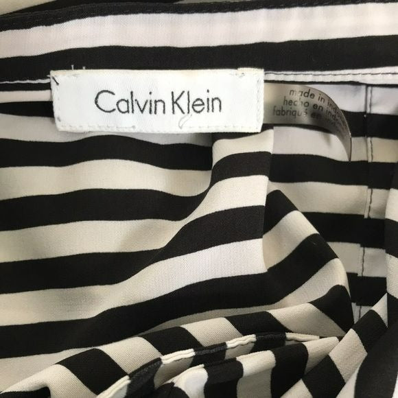 CALVIN KLEIN Black White Stripe V-Neck Button Down Blouse Size M
