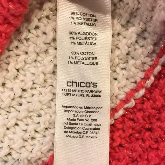 CHICO’S Coral Ivory Striped Sparkly Scoop Neck Sweater Size L