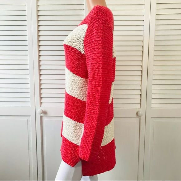 CHICO’S Coral Ivory Striped Sparkly Scoop Neck Sweater Size L