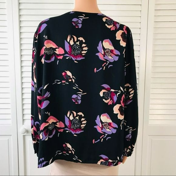 J. CREW Navy Blue Floral V-Neck Blouse Size 16