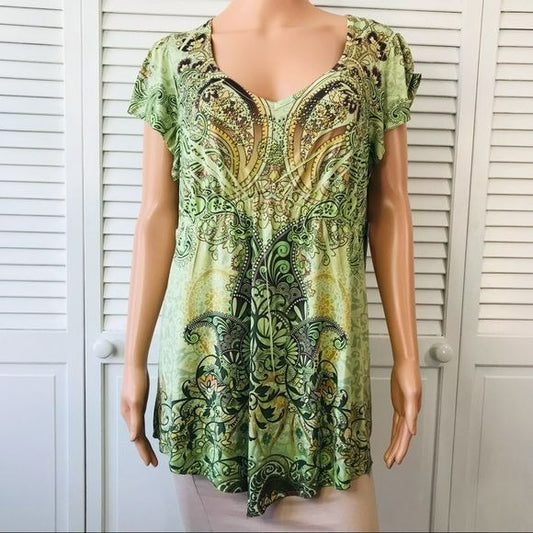 UNITY WORLD WEAR Green Combo Short Sleeve V-Neck Blouse Size XL (new with tags)