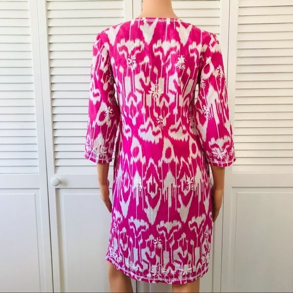 *NEW* GRETCHEN SCOTT Pink White Cotton Lightweight Embroidered V-Neck Dress