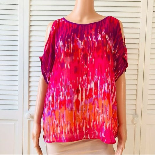 EXPRESS Multicolor Short Sleeve Sheer Cold Shoulder Blouse Size L (new with tags)