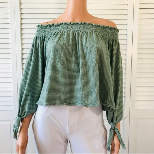 WE THE FREE Green Off The Shoulder Bohemian Striped Shirt Size PS