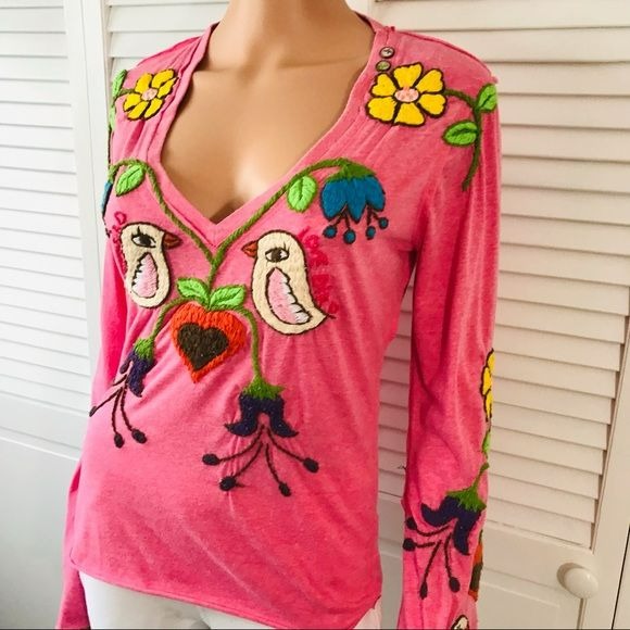 JOYSTICK By Johnny Was Pink Embroidered Long Sleeve Shirt Size M