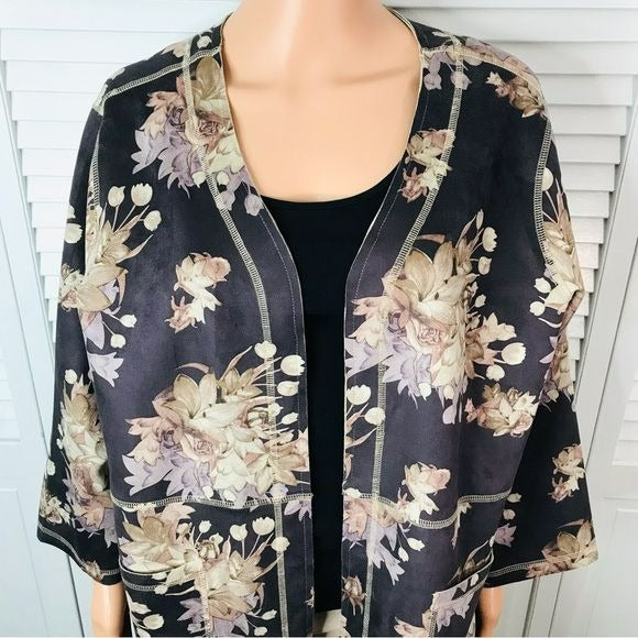 CHELSEA & THEODORE Purple Floral Faux Leather Open Front Cardigan Size 1X