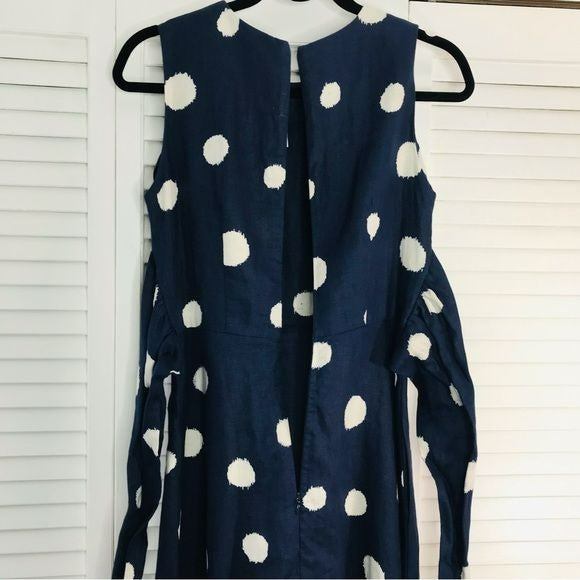 SOODEE Navy Linen Polka Dots Waist Wrap Around Dress Size M