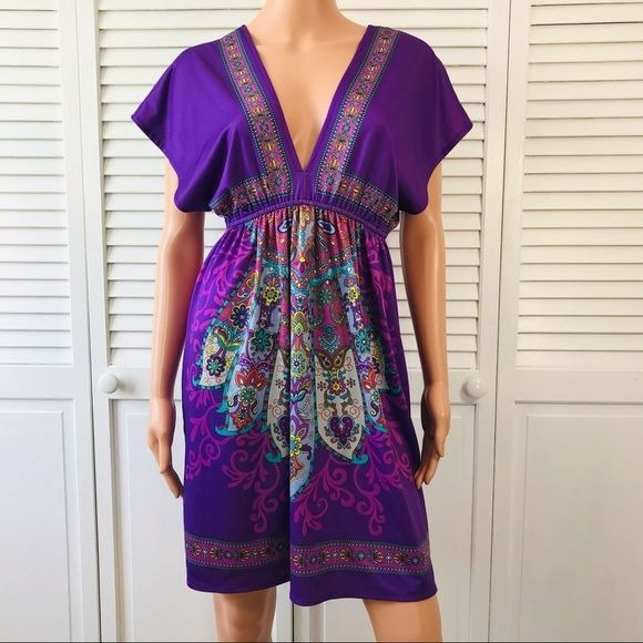 FLYING TOMATO Purple Deep V-Neck Short Sleeve Dress Size L