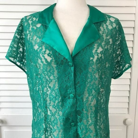 VICTORIA’S SECRET Vintage Dark Green Sheer Button Down Blouse Size M