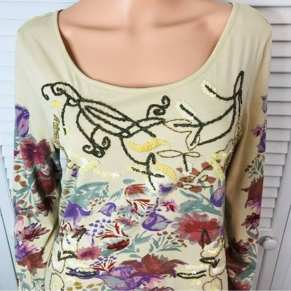 SUNDANCE Cream Long Sleeve Floral Sequin Embroidered Tee Size S