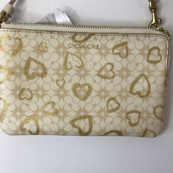 COACH Khaki Gold Small Heart Wristlet (new with tags)