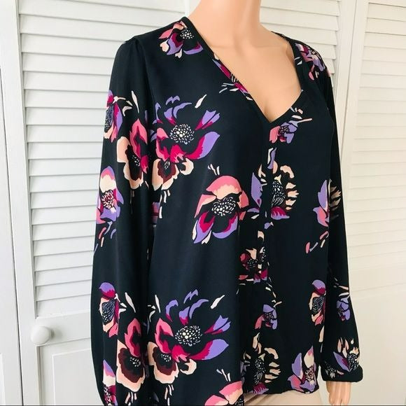 J. CREW Navy Blue Floral V-Neck Blouse Size 16