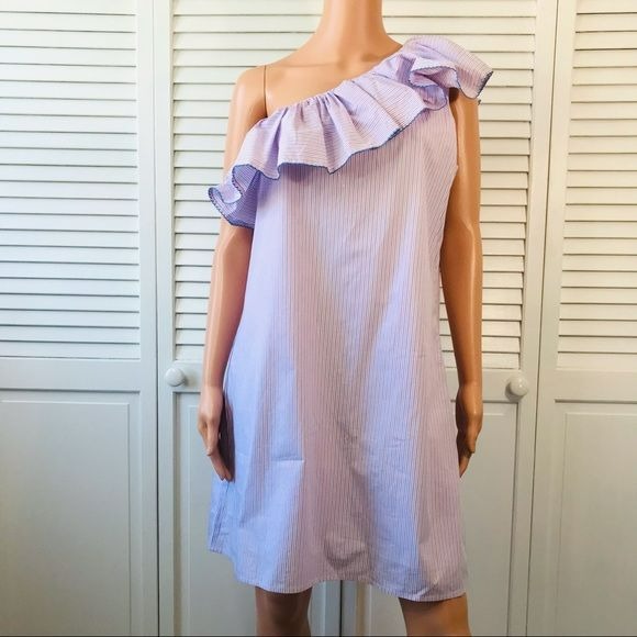 PARKER Multicolor Striped Cotton Ruffle One Shoulder Dress Size M