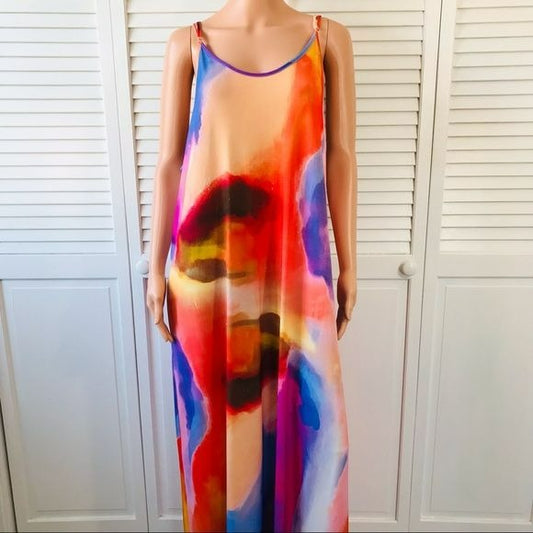 BEYOND THIS PLANE Multicolor Spotted Tie Dye Spaghetti Strap Maxi Dress Size 2XL (new with tags)
