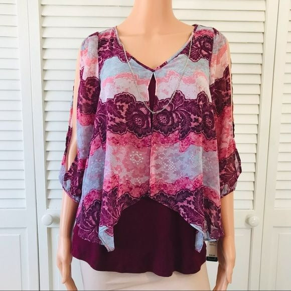 *NEW* A. BYER Maroon V-Neck Print Crepe Blouse Size S