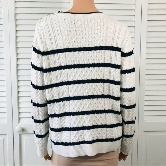 DRAPER JAMES White Navy Blue Sailor Nautical Cable Knit Sweater Size L