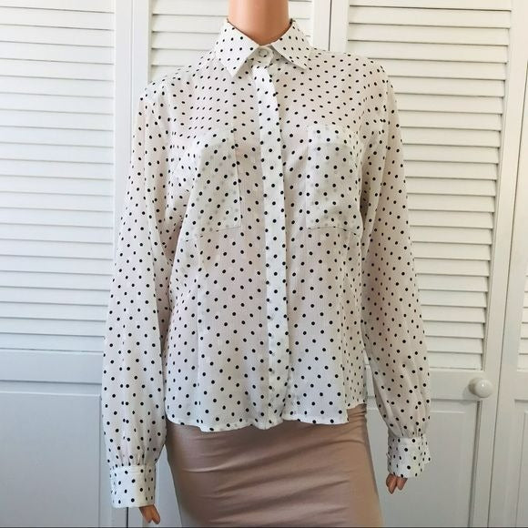 JH COLLECTIBLES White Black Sheer Polka Dot Button Down Blouse Size 8