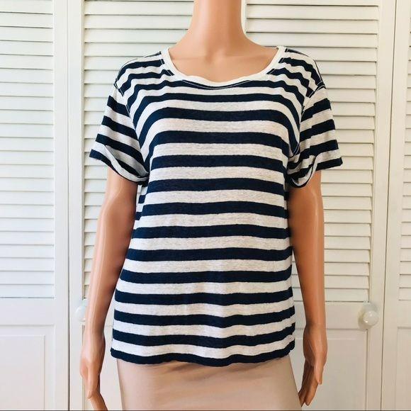 THEORY Striped Linen Short Sleeve Shirt Size M