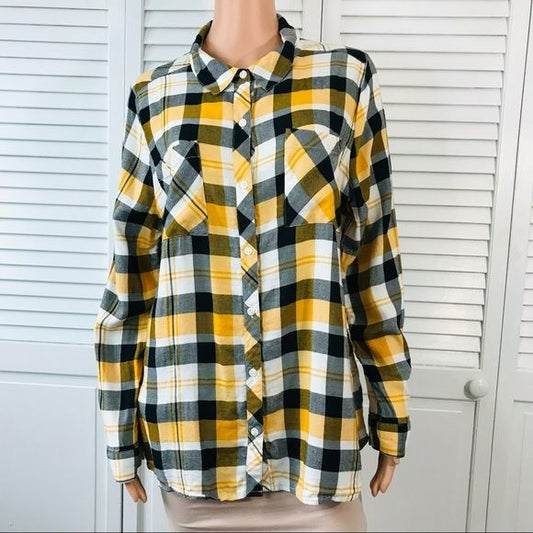 RELATIVITY Yellow Black Plaid Button Down Shirt Size XL