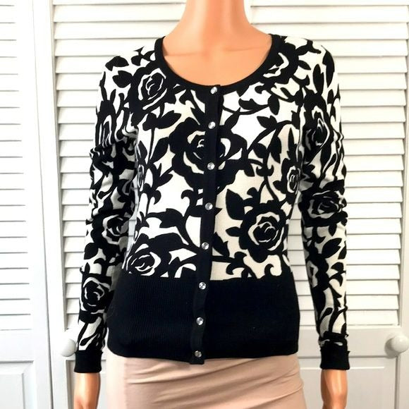 WHITE HOUSE BLACK MARKET White Black Floral Cardigan Sweater Size XS