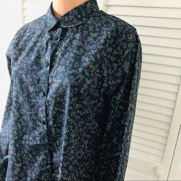 ORVIS Navy Blue Cotton Floral Button Down Shirt Size 14