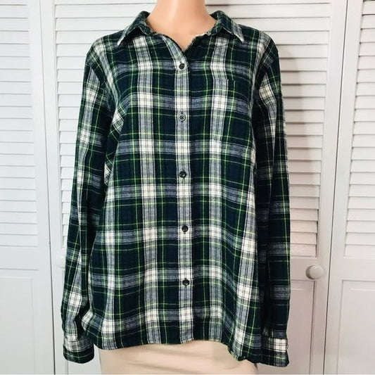 L.L. BEAN Relaxed Fit Plaid Flannel Green Button Down Shirt Size 1X