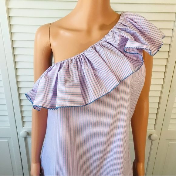 PARKER Multicolor Striped Cotton Ruffle One Shoulder Dress Size M