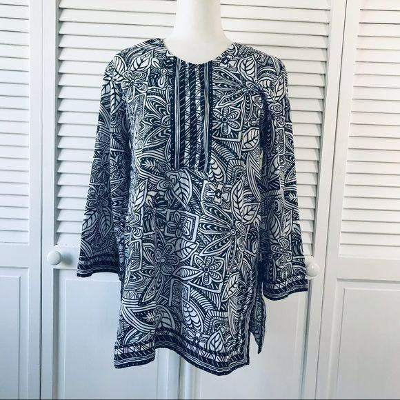 TRAVEL SMITH Black and White Cotton Long Sleeve V-Neck Blouse Size M