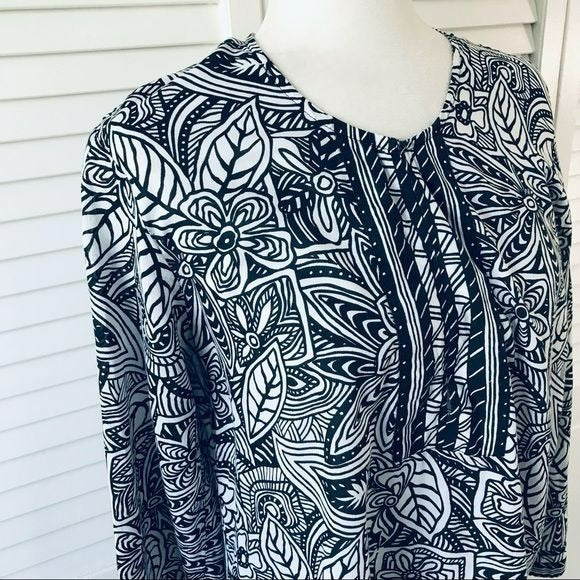 TRAVEL SMITH Black and White Cotton Long Sleeve V-Neck Blouse Size M