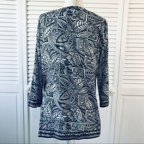 TRAVEL SMITH Black and White Cotton Long Sleeve V-Neck Blouse Size M