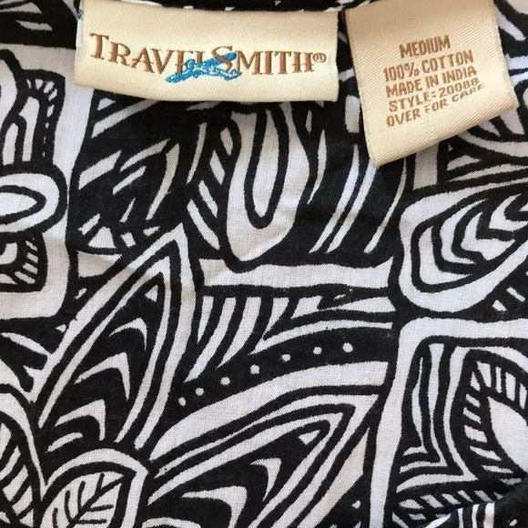 TRAVEL SMITH Black and White Cotton Long Sleeve V-Neck Blouse Size M