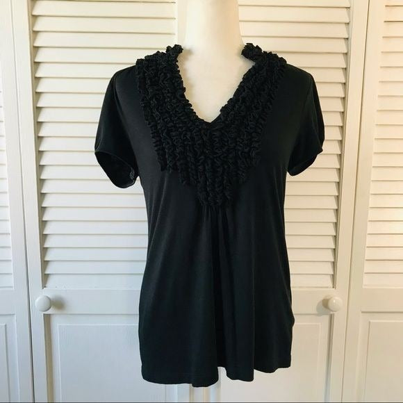 LOFT Black Ruffle Collar Short Sleeve Shirt Size M