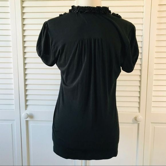 LOFT Black Ruffle Collar Short Sleeve Shirt Size M