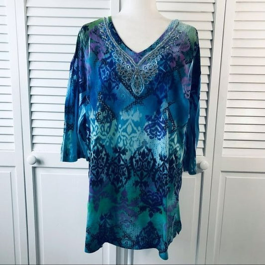 LIZ & ME Collectors Series Blue Purple v-Neck Embellished Shirt Size 1X