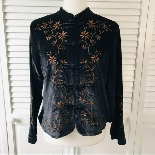 COLDWATER CREEK Black Petite Velvet Embroidered Jacket Size S