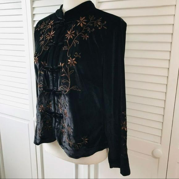COLDWATER CREEK Black Petite Velvet Embroidered Jacket Size S