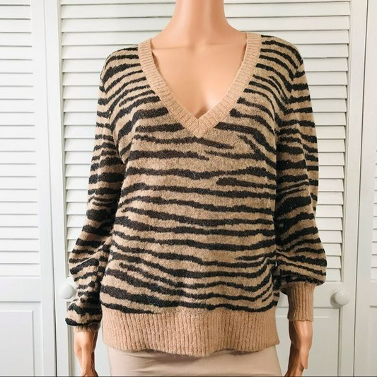 JOIE Black Brown Tiger Stripe V-Neck Long-Sleeve Alpaca Metallic Sweater Size M