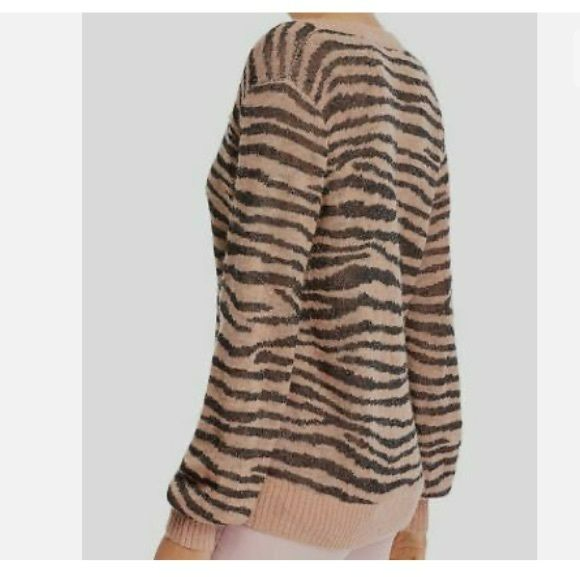 JOIE Black Brown Tiger Stripe V-Neck Long-Sleeve Alpaca Metallic Sweater Size M
