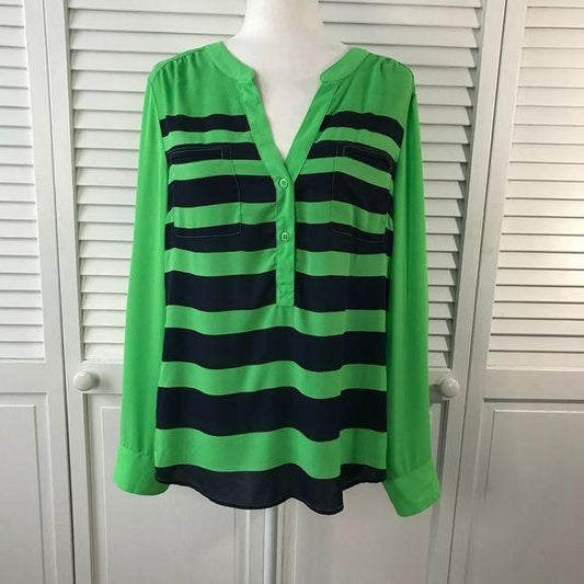 NEW YORK & COMPANY Green Striped V-Neck Blouse Size L