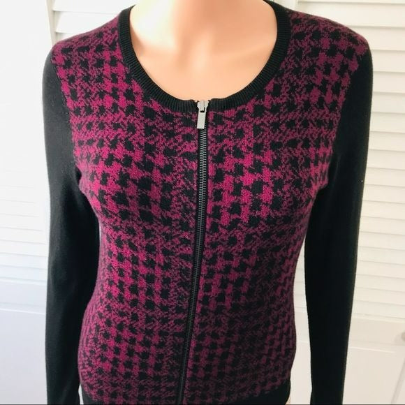 ANN TAYLOR Red Black Houndstooth Full Zip Sweater