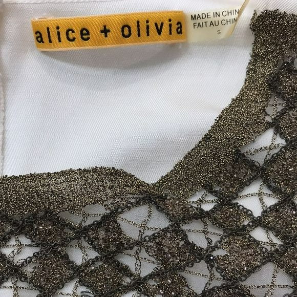 ALICE + OLIVIA Ivory Beaded Pleated Sleeve Dress Size S