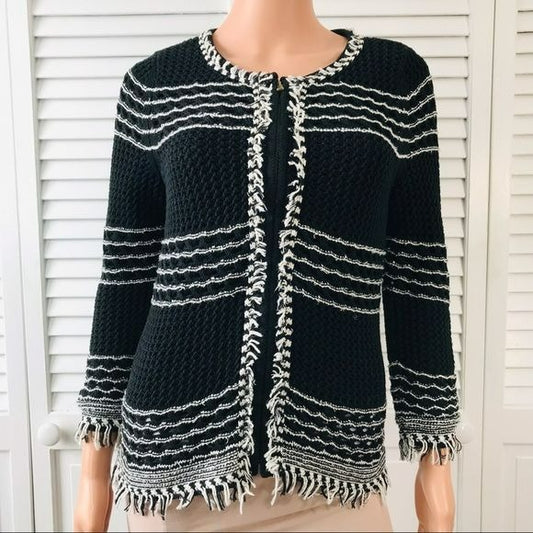 ANN TAYLOR Black White Knit Fringe Full Zip Sweater