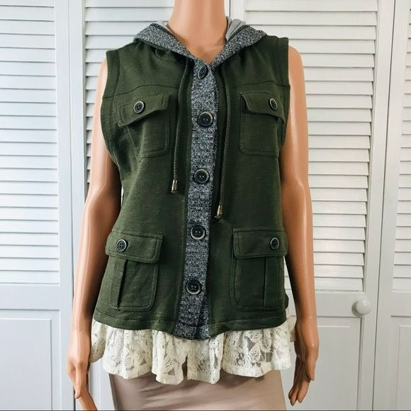 XHILARATION Green Hooded Button Up Vest Size XXL