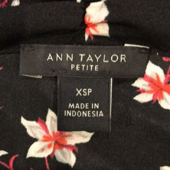 ANN TAYLOR Petite Black Neck Tie Floral Long Sleeve Blouse Size XS